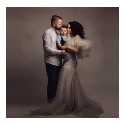 Elegant Grey Mermaid Maternity Photo Shoot Dresses Puffy Tulle Short Sleeves Fluffy Plus Size Pleated Bridal Pregnancy Gown