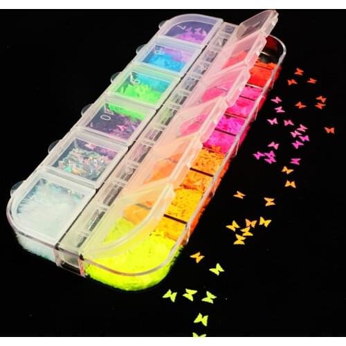 12 Grid/Set Fluorescence Butterfly Sequins Nail Art Glitter Slices Flakes 3D Mixed Color Sparkly Gel Polish Manicure Decorations