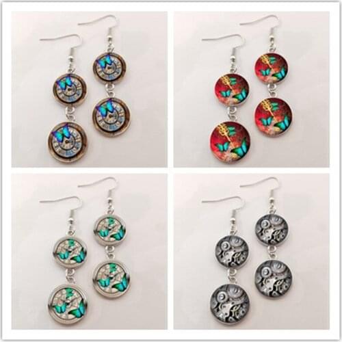 Glamour steampunk clock earrings glass dome earrings handmade ladies jewelry jewelry butterfly pattern