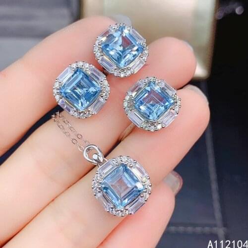 KJJEAXCMY fine jewelry 925 sterling silver natural blue topaz women noble classic square gem earrings ring pendant suit support