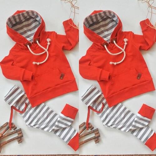 Newborn Kid Baby Boy Girl Clothes Set Hooded Sweater Red Long Sleeve Top+Striped Pants bebe Children Clothing Set