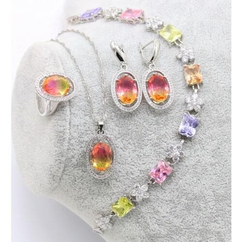 XUTAAYI Wedding Jewelry Sets Multicolor 925 Silver Earrings For Women Luxury Jewelry Bracelet Rings Bridal Pendant Necklace Set