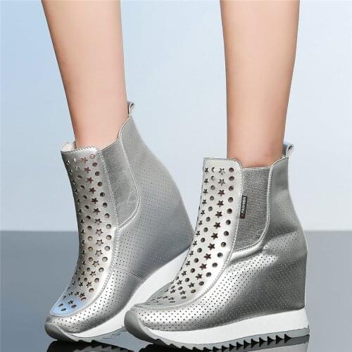 Breathable Fashion Sneakers Women Cow Leather Wedges High Heel Motorcycle Boots Female High Top Round Toe Platform Pumps Shoes