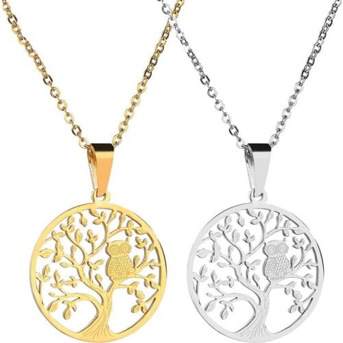 Tree of Life Round owl stainless steel Pendant Necklace Gold Silver Color Bijoux Collier Elegant Women Jewelry Gift Dropshipping