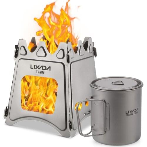 Lixada Compact Folding Titanium Wood Stove with 750ml Water Cup Mug for Outdoor Camping Cooking Picnic