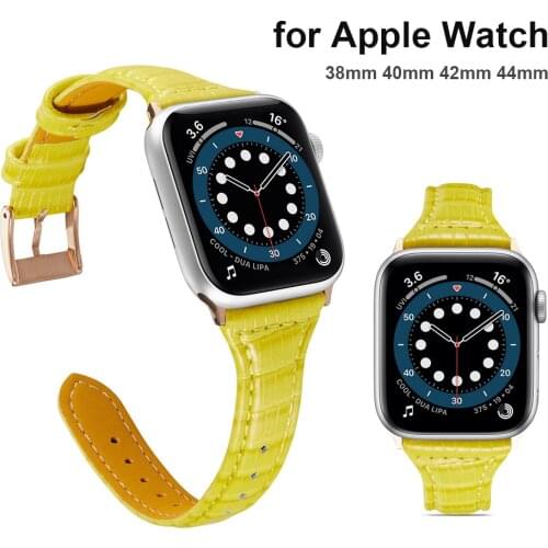 Fashion Yellow Wristband for Apple Watch Band 38mm 40mm 42mm 44mm Leather Strap with Metal Buckle iWatch Series 6 SE 5 4 3 Slim