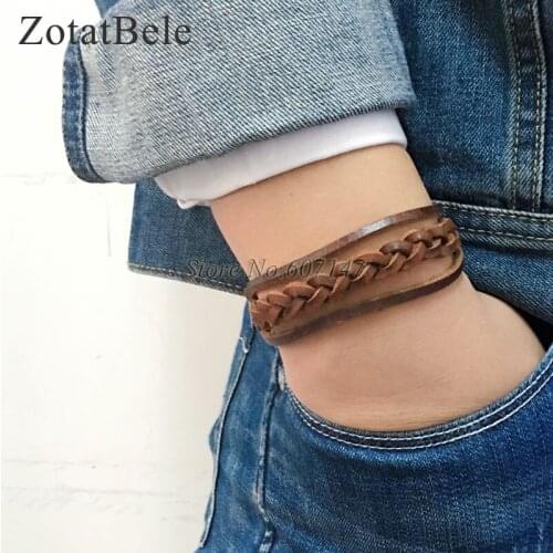 6pcs/lot Handmade Bangle pulseira masculina Wrap Brown Retro Genuine Leather Bracelet Men with Braided Rope PT2