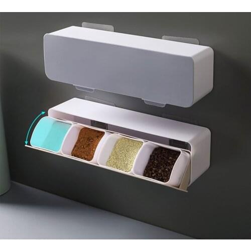 Wall Mount Spice Rack Organizer Sugar Bowl Salt Shaker Seasoning Container Spice Boxes With Spoons Kitchen Supplies Storage Set