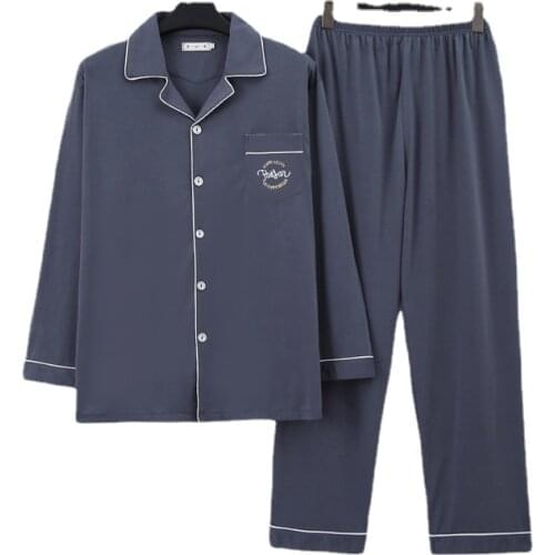 Mens Pajamas Set Autumn Winter Leisure Elastic Waist Men Sleepwear Cotton Mens Sleeve Nightwear Print Top Long Pant Homewear