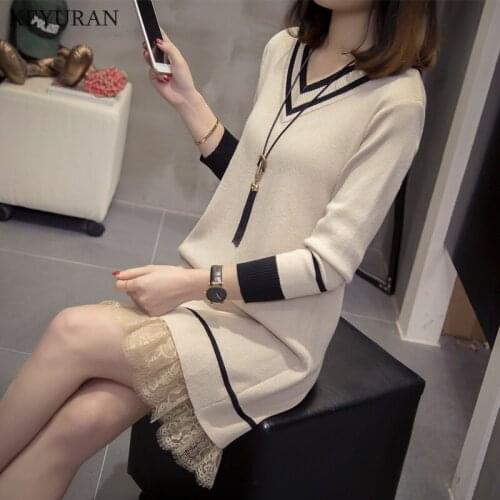 Plus Size Sweater Dress Women 2021 Fall Winter Dress Elegant Lace Patchwork V Neck Knitted Pullover Dresses Pull Femme Vestidos