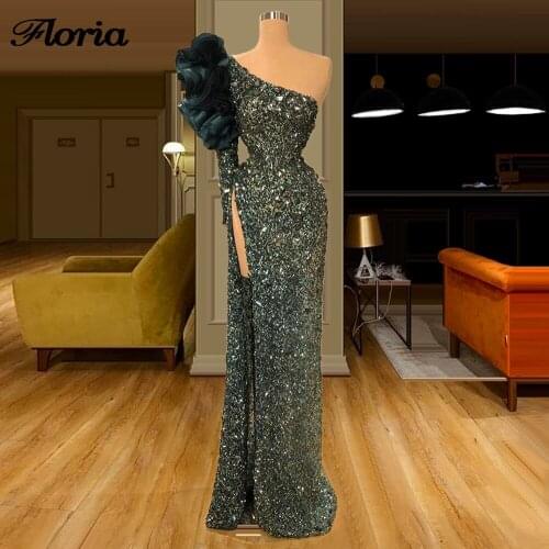 High Split Side Party Gowns 2020 Green Glitter Evening Dress Saudi Arabia Prom Dresses Vestidos De Fiesta De Noche Kaftans Dubai