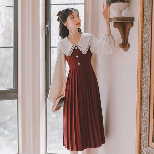 Japan Style Claret Corduroy Pleated Dress Women 2021 Autumn Sweet Peter Pan Collar With Lace Dresses For Slim Lady Vestido