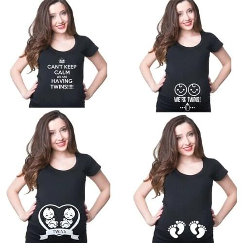 FIXSYS Funny Maternity Black T-shirt Cute Comfortable Pregnancy T-shirt Twins Pregnancy T-shirt Summer Short Sleeve Tee Shirts
