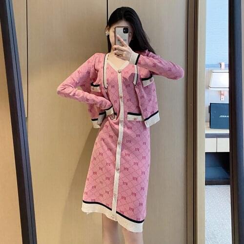 Fashion Autumn Women Knitted Dress 2 Piece Set Women Pink Printed Cardigan Coat + Chic Spaghetti Strap Bodycon Dresses Suits