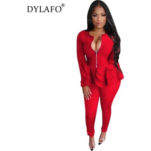 New 2 piece set women Festival Clothing Long Sleeve Ruffle Hem Zip Jacket Top and Long Pants Matching Suit Two Piece Set Outfits