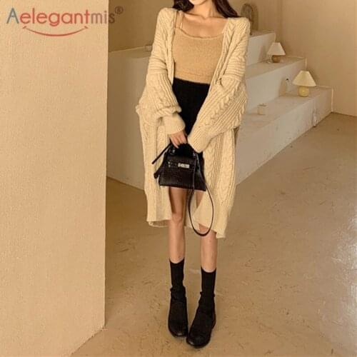 Aelegantmis Vintage Twisted Loose Long Knitted Cardigan Women Oversize Korea Causal Lazy Style Sweater Female Solid Warm Outwear