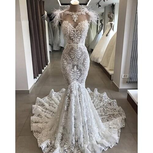2020 Lace Beaded Wedding Dresses Floor Length Mermaid Custom Made Bridal Gowns Feather Vestido De Novia Sirena