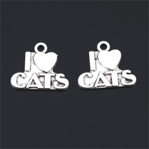 10Pcs Silver Color I love My Cats Charms Making Heart Letters Pendant For Animal lovers Jewelry Handcrafts 21X24mm A3182