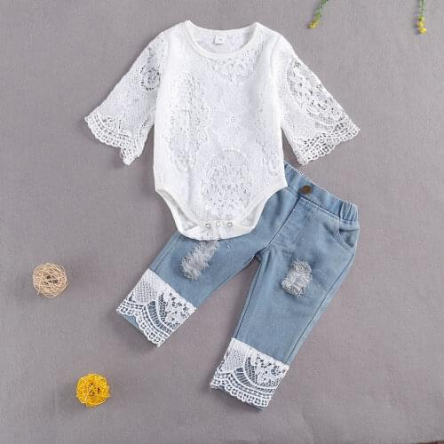 Baby Girls Autumn Clothes Long Sleeve Triangle Crotch Lace White Romper Top Denim Hole Jeans Fashion Kids 2PCS Outfits 3-24M