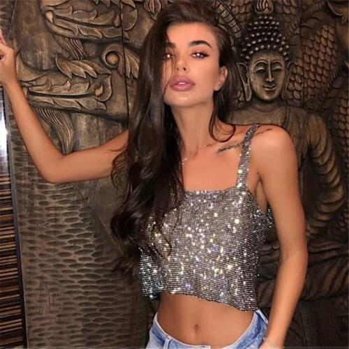 2021 Glitter Backless Rhinestone Metal Chain Woman Tank Top Night Club Carnival Party Metal Crystal Diamonds Women Sexy Top
