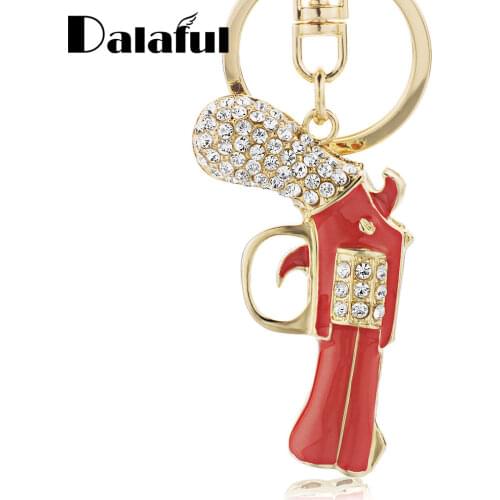Dalaful Enamel Revolver Magnum Gun Key Chains Holder Crystal Purse Bag Buckle Pendant For Women Gift Keyrings KeyChains K274