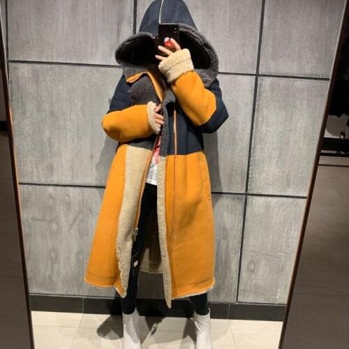 Shearling coat long ladies genuine leather coat hooded women suede leather