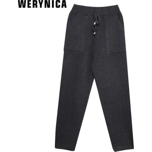 Werynica Winter Lace-up Elastic Women Trousers Pencil Pants Warm Thicken Stretchable Knitted Pantalones Mujer Pants With Pockets
