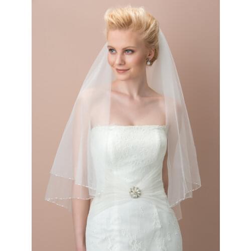 Tanpell Elegant Beading Edge Tulle Elbow Wedding Veil Ivory Two-Layer Tulle Short Wedding Veil