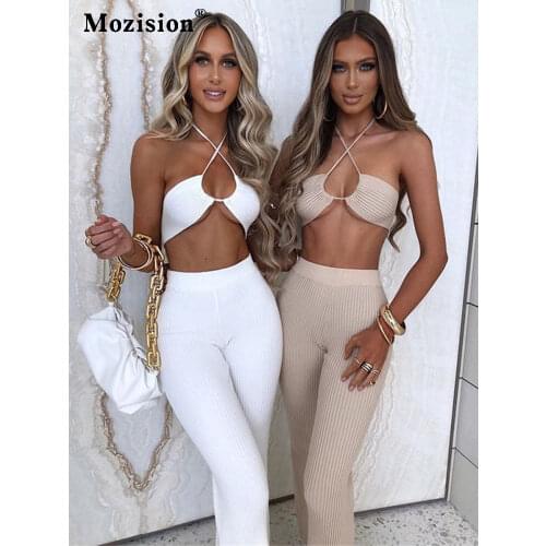 Mozision Knit Ribbed Two Piece Set For Women Sexy Halter Corset Tank Tops And Straight Pants Sets White Hollow Out Trouser Set