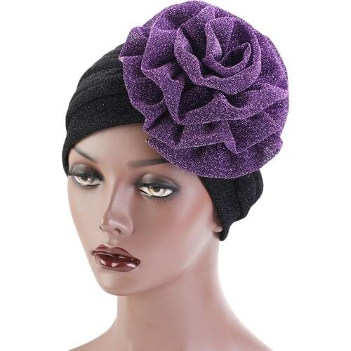 New Fashion Glitter Muslim Turban Big Flower India Hat Women Wedding Party Headwear Ladies Headwrap Caps Hair Accessories