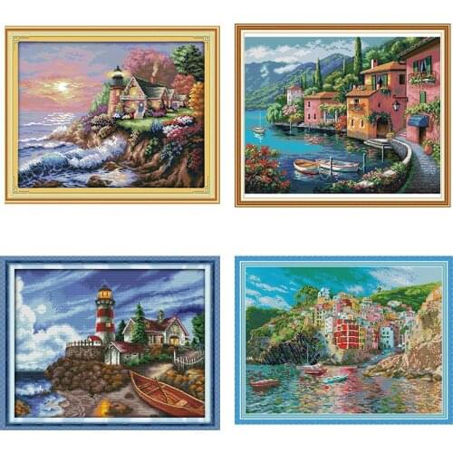 Seaside scenery series Printed Cross Stitch Kit 11CT 14CT Counted Canvas Embroidery Set DIY Needlework Home Decoration Gifts