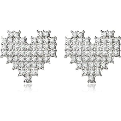 Full Shiny Bling Crystal Pixels Heart Chain & Stick Pendant Silver Plated Stud Hoop Women Dangle Earrings Drop Earrings