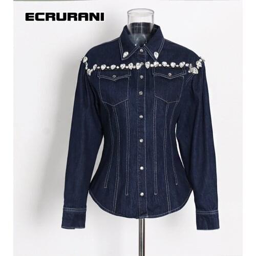 ECRURANI Casual Patchwork Diamonds Denim Jackets For Women Lapel Long Sleeve Single Breasted Solid Coats Female 2021 Fashion New