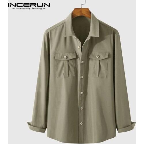 INCERUN Autumn Men Shirt Vintage Lapel Long Sleeve Streetwear Casual Camisa Masculina 2021 Button Solid Color Pockets Shirts 7