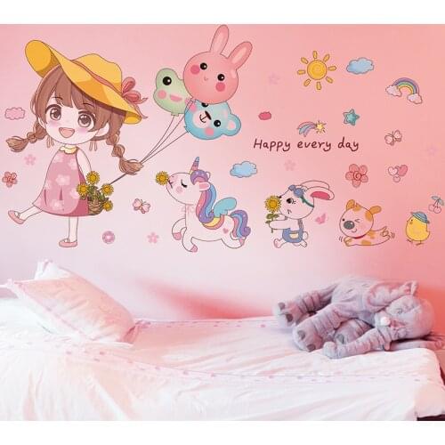 [shijuekongjian] Cartoon Girl Balloons Wall Sticker DIY Animals Wall Decor Decals for Kids Room Baby Bedroom Home Decoration