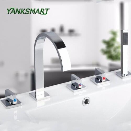 YANKSMART Chrome Brass Bathroom Faucets Waterfall 5 Pcs Water Mixer Taps Chrome Bathtub Faucet Hand Sprayer Set Deck Mounted Tap