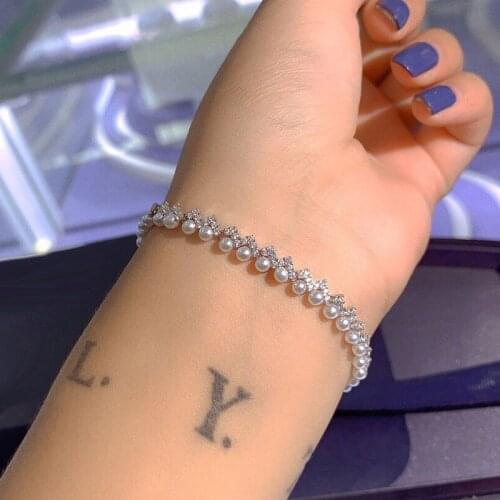 UMGODLY Luxury Brand Bangle High Quality Silver Color Up and Down Zigzag Bracelet with Pearl Zircon CZ Women Jewelry