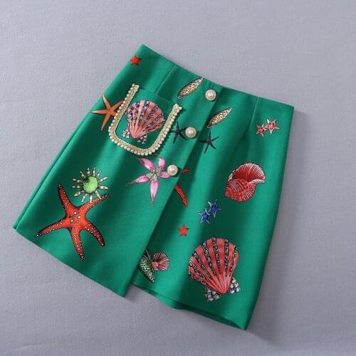 European and American womens clothing 2021 The new spring Starfish printed beaded button Fashionable green skirt
