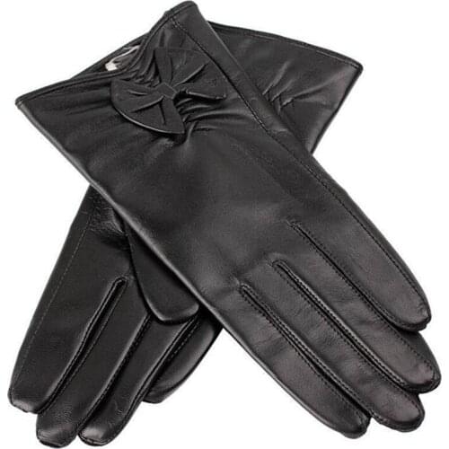Winter Wram Genuine Leather Gloves Plus Velvet Thick Outside Driving Gloves Bow Black Fashion Sheepskin Women Gloves Mittens