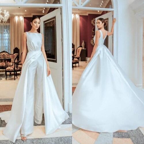 Jumpsuit White Prom Dresses Detachable Train Satin Sleeveless Evening Dresses Overskirt Receiption Gowns