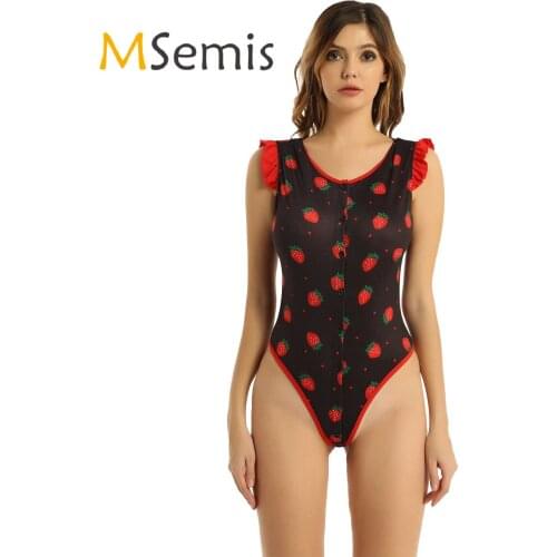 Adult Womens Strawberry Pattern Round Neck Sleeveless Button Closure Bodysuit Romper Sleepwear Nightwear