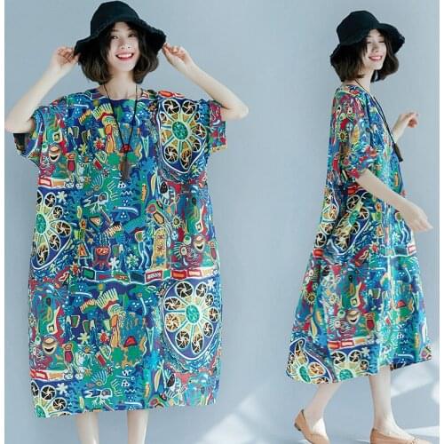 Plus size 6XL Summer dress Women Print Cotton Linen O-neck Short sleeve Tops Female Plus Large Long Oversize Vestidos