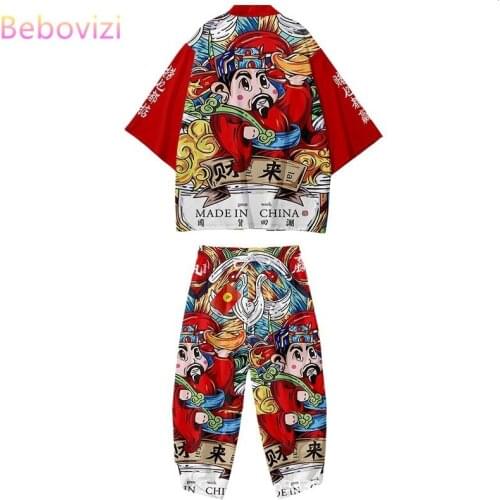 Plus Size S-6XL Red God of Wealth Print Chinese style Japanese Kimono Suit Women Men Cosplay Yukata Clothing Cardigan Pants Sets