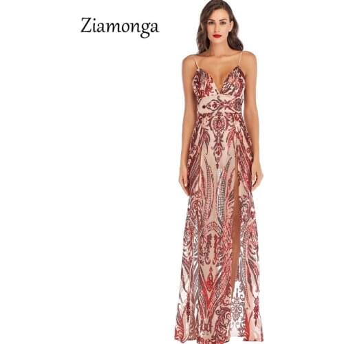 Ziamonga Sequin Maxi Dress Women Sex High Split Party Long Dress 2019 Vintage Floral Printed V-Neck Summer Dresses Robe Vestidos