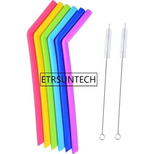 100sets 6pcs Reusable Silicone Straw Drinking Straw For Home Party Barware Accessories with 2 Clean Brush Set