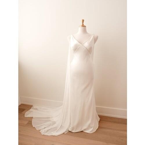 2020 Real Photos Wedding Dress Crepe V Neck Beading Spaghetti Shoulder Straps Low Pluging V Back Detachable Chiffon Cape Bridal