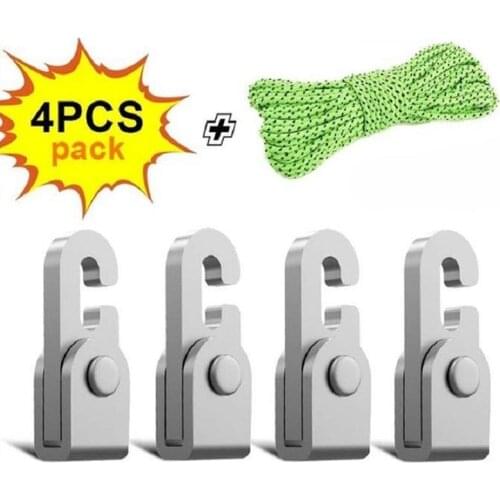 4pcs/Set Automatic Lock Hook Self-locking Free Knot Easy Tighten Rope Kit For Camping Tent Accessories Hooks with 6m Rope