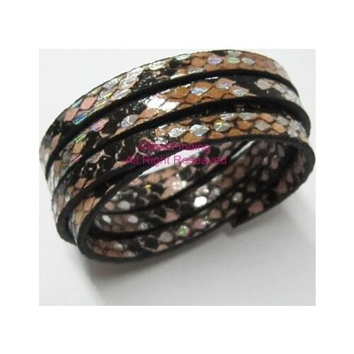 5x2mm Black brown Flat leather cord Glitter snake leather cord