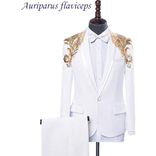 Auriparus flaviceps White Groom Tuxedos Applique Groomsman Suit Costumes Applique Host Suit Performance Man Suits 2 Pieces Stage