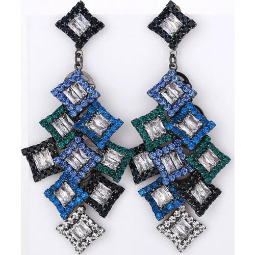 Bilincolor Fashion Blue Square Zircon Big Geometric Tassel Long Drop Earring Female Party Gift